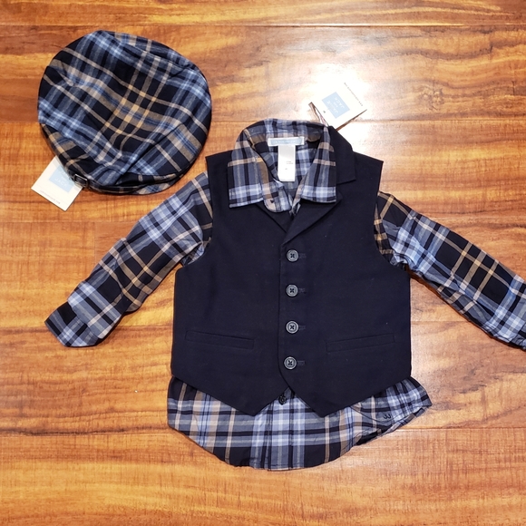 Janie and Jack NWT/EUC navy moleskin vest tan/blue plaid dress shirt plaid cap